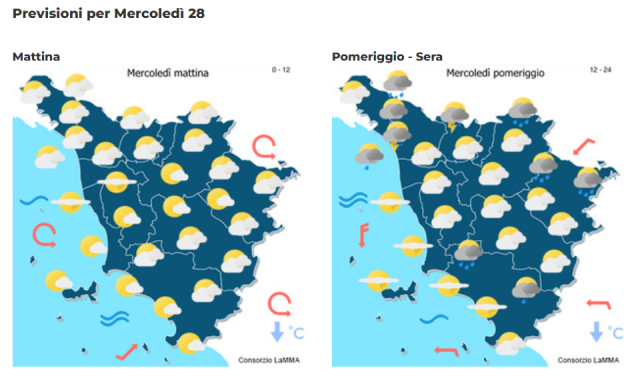 Le mappe meteo del consorzio Lamma per il 28 Giugno 2023