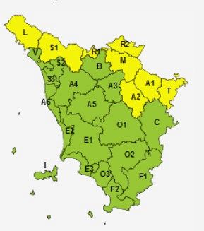 La mappa dell'allerta della Regione Toscana